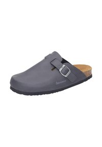 Graue Clogs mit glatter Oberfläche, verstellbarem Metallverschluss, Korkfußbett und Gummisohle. Mit abgerundeter Zehenpartie und offenem Rückendesign.