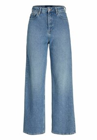 Ljusblå högmidjade vida jeans med framknäppning och dragkedja, bältesöglor och klassisk femficksdesign.