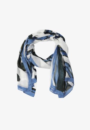 Sciarpa leggera caratterizzata da un motivo astratto blu, nero e bianco. Realizzata in tessuto trasparente con una texture liscia e orli rifiniti.
