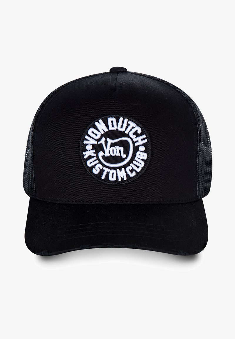 Casquette noire avec une couronne arrondie, des côtés en mesh et une visière plate. Présente un logo circulaire blanc avec l'inscription "VON DUTCH KUSTOM CLUB" en lettres grasses.