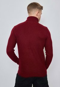 Pull à côtes bordeaux avec un col montant, des manches longues et une finition texturée. La vue de dos montre une silhouette cintrée et un design sans couture.