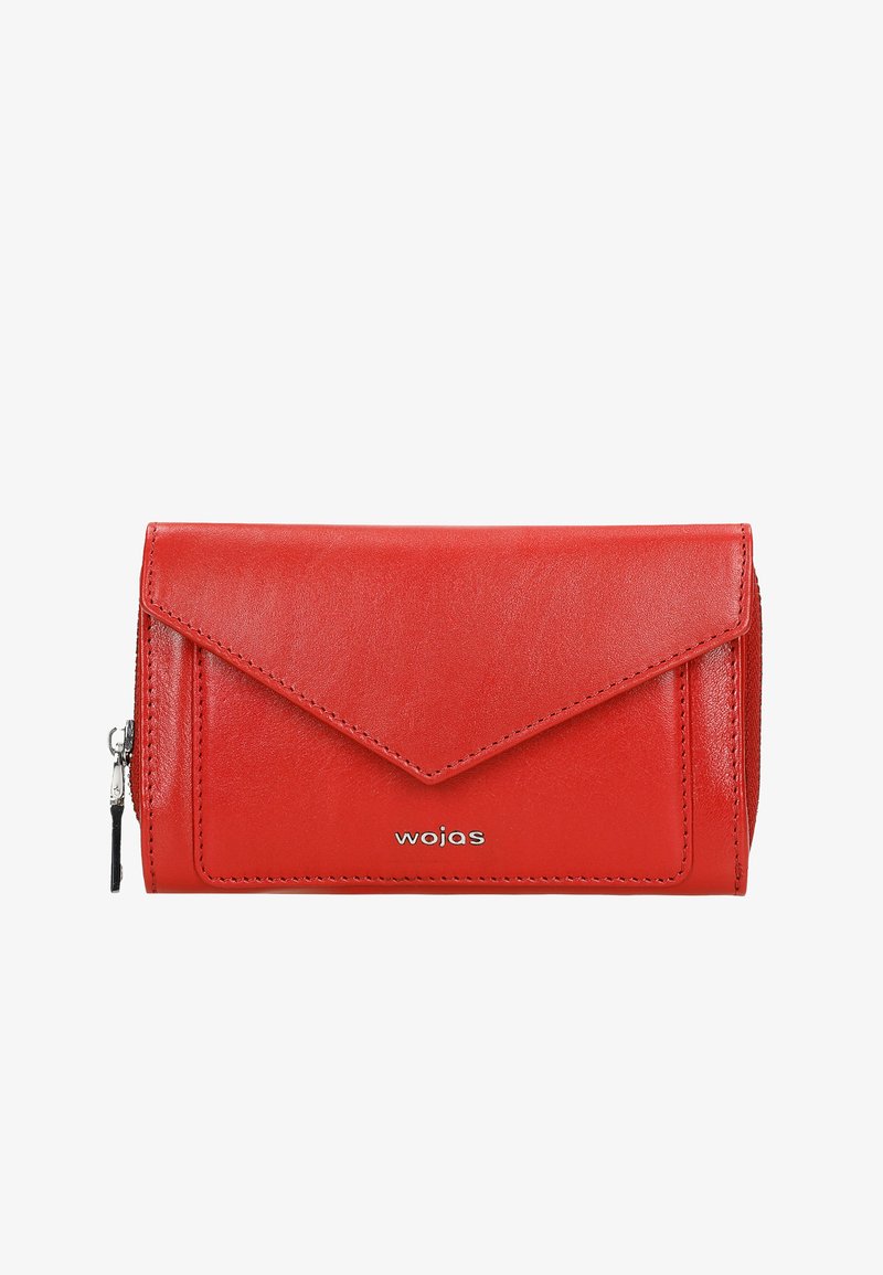 Rood leren portemonnee met een envelopflapontwerp, zilveren hardware en gestikte details. Heeft een ritscompartiment aan de zijkant.