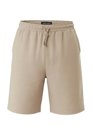 Pantaloncini beige con vita elastica e coulisse, tasche laterali e logo Emporio Armani sottile vicino all'orlo su una gamba.