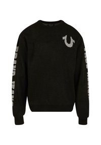 Black sweater with long sleeves, featuring a large tonal logo on the chest and text design in gray along the sleeves.