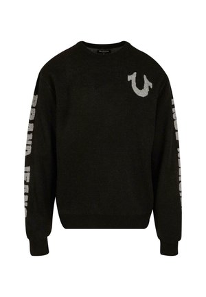 Black sweater with long sleeves, featuring a large tonal logo on the chest and text design in gray along the sleeves.