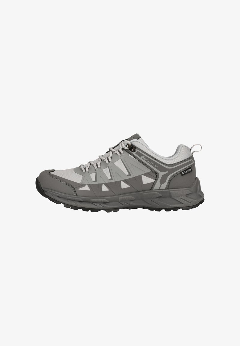 Hiking shoes harmaa, joissa on sekoitettu materiaalisuunnittelu, teksturoitu päällinen kolmion muotoisilla aukkoilla ja kestävä kumipohja pidon parantamiseksi.