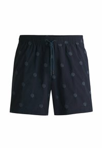 Navy blue swim trunks made of lightweight fabric, featuring an elastic waistband with drawstring and a subtle patterned design.