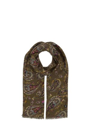 Écharpe marron en motif paisley avec des accents floraux, bordures à franges et texture douce. Motifs détaillés dans des nuances de rose, violet et vert.