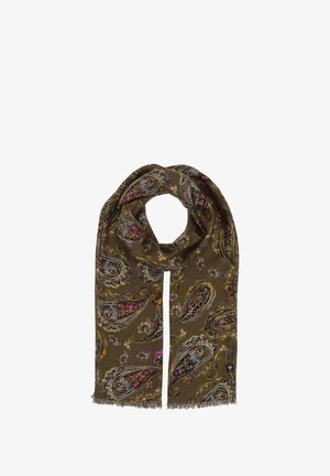 Sciarpa marrone con motivo paisley e accenti floreali, bordi frangiati e una texture morbida. Motivi dettagliati in tonalità di rosa, viola e verde.