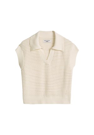 Crèmekleurig mouwloos gebreid vest met opengewerkt patroon, geribde kraag en zoom, en een diepe V-hals van Marc O’Polo Denim.