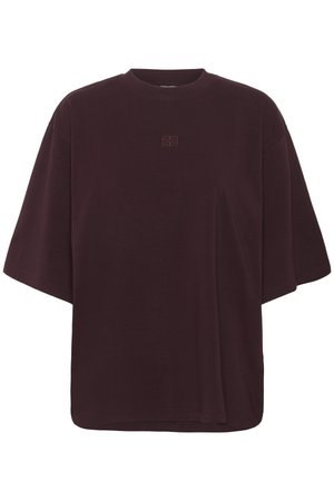 Oversized short-sleeve dark burgundy t-shirt with crew neck and small centered embroidered logo on the chest.