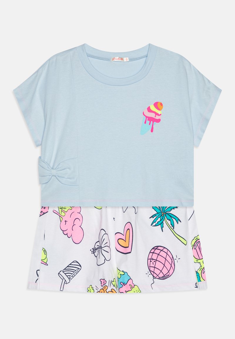 Světle modré tričko s krátkým rukávem a potiskem zmrzliny na hrudi, s bílou spodní částí zdobenou barevnými karikaturními vzory.