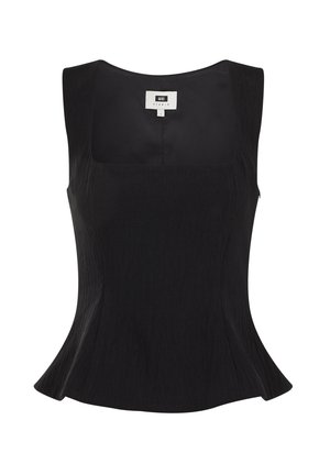 Must siidine varrukateta top ruudukujulise dekolteega ja kergelt laienev vöökohal, sildistatud "WE Studio", suurus väike.