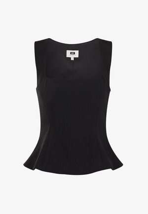 Must siidine varrukateta top ruudukujulise dekolteega ja kergelt laienev vöökohal, sildistatud "WE Studio", suurus väike.