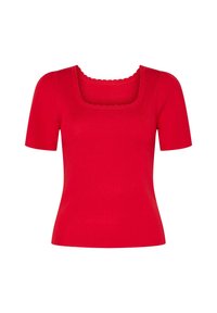 Top corto rosso a maniche corte con scollatura quadrata e bordi ondulati. Realizzato in un materiale liscio e elasticizzato. Design aderente.