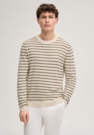 Junger Mann steht mit einer Hand in der Tasche, trägt einen beige-oliv gestreiften Pullover und eine weiße Hose vor schlichtem Hintergrund.