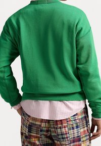 Zelená mikina s volným střihem, vyrobená z texturované látky; kulatý výstřih; nošena přes světle růžovou košili s límečkem; kostkované kalhoty.