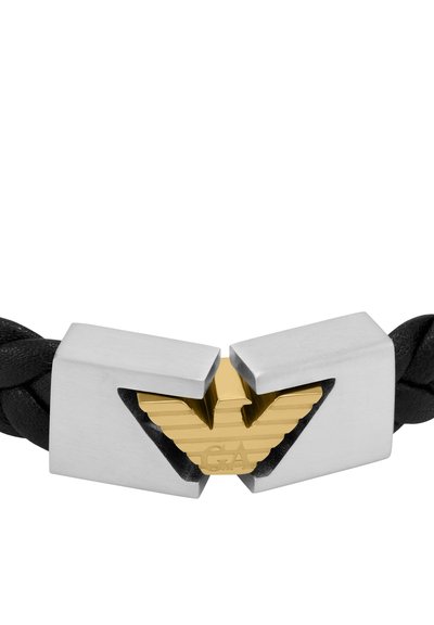 Bracelet en cuir tressé noir avec un fermoir en argent, arborant un emblème d'aigle en or centré avec des détails en relief.