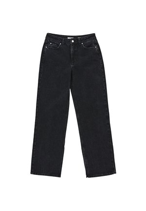 Jeans de denim negro de pierna ancha con una cintura de altura media, cinco bolsillos y herrajes de metal. La tela tiene una ligera textura y detalles desgastados.