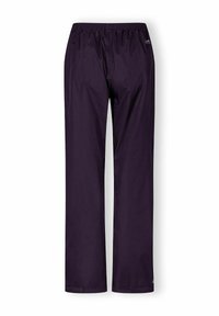 Waterdichte broek in een diepe paarse kleur, met een elastische tailleband en rechte pijpen, gemaakt van een glad, synthetisch materiaal.