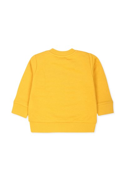Sweatshirt jaune avec des poignets et un ourlet côtelés, fabriqué à partir d'un tissu doux avec une texture lisse et un design simple, sans ornements.