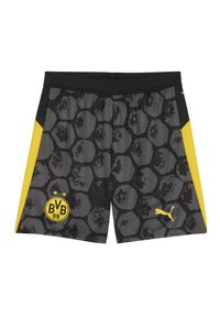 Șorturi sportive negre și galbene, cu un model hexagonal, având un logo Puma și emblema BVB 09, fabricate dintr-un material ușor.