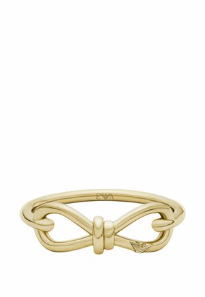 Armband aus goldfarbenem Metall mit überlappendem Knotendesign und kleinem, eingraviertem Emporio Armani Adler-Logo auf einer Seite.