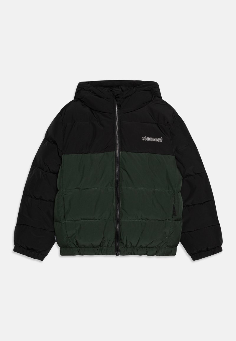 Μαύρο και σκούρο πράσινο φουσκωτό μπουφάν με κουκούλα, με τυπωμένο σχέδιο και μπροστινό φερμουάρ. Διαθέτει κεντητό λογότυπο στο στήθος.