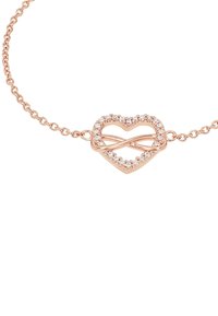 Bracciale a catena in oro rosa con un pendente a forma di cuore decorato con piccoli diamanti e un simbolo dell'infinito che attraversa il cuore.