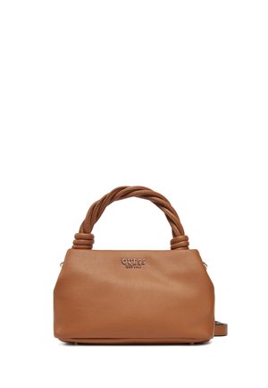 Borsa in pelle sintetica marrone con manici in corda intrecciata e una superficie liscia. Presenta un marchio impresso sul fronte e una tracolla removibile.