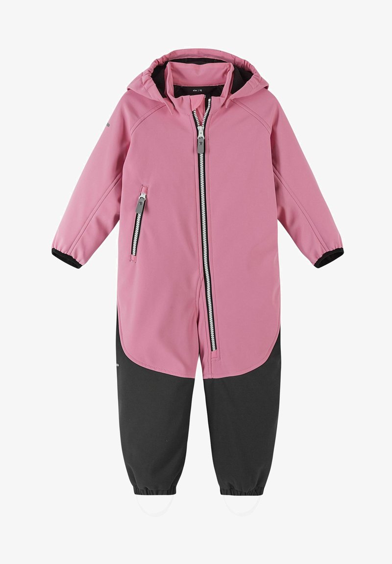 Roza vodoodporna kombinezona z zgornjim delom v črni barvi, sprednjim zadrgo in elastičnimi manšetami. Ima kapuco in brezšivno zasnovo za udobje.
