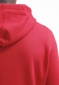 Röd hoodies med en texturerad tyg, med dragsko i huvan och synlig sömnad längs sömmen på baksidan. Enkel design.