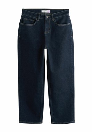 Tumesinised sirgelõikelised teksapüksid, esiküljel nööp ja luku sulgur, vööaasad ja viie taskuga disain, laotatud tasapinnale valgel taustal.