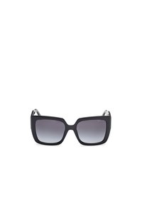 Gafas de sol negras con un marco ancho y angular y lentes grises degradados. Presenta un sutil detalle del logo en las patillas. Acabado suave y brillante.