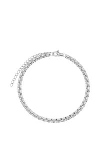 Collana in metallo argento con maglie rettangolari intrecciate e chiusura a gancio di aragosta, dotata di un prolungamento della catena regolabile.