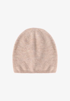Cappello in lana lavorato a maglia di un beige chiaro, con orlo a coste, esposto piatto su uno sfondo bianco.