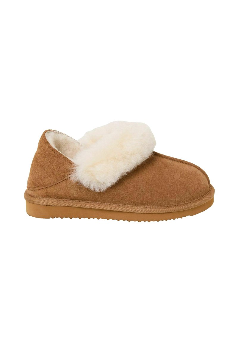 Brown suede slipper with a soft white fur cuff, rounded toe, and a tan rubber sole featuring textured grip for traction.