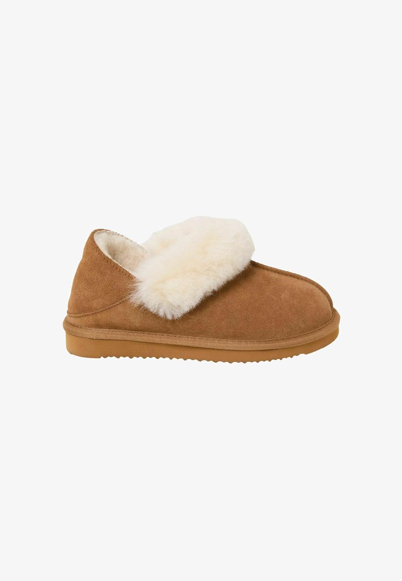 Brown suede slipper with a soft white fur cuff, rounded toe, and a tan rubber sole featuring textured grip for traction.