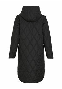 Svart quiltad lång kappa med huva, med diamantmönster, helärmade ärmar och rak passform, designad för värme och komfort.