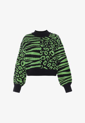 Fekete és zöld kötött pulóver, amely rövidített kialakítással rendelkezik, leopárd és zebra mintákkal az anyagon, valamint bő ujjakkal.