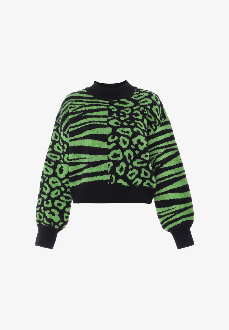 Črna in zelena pletena majica s skrajšanim dizajnom, z leopardjimi in zebrinimi vzorci po telesu ter obsežnimi rokavi.