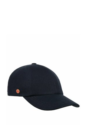 Black baseball cap with curved brim and small round red and gold emblem on the side against white background.