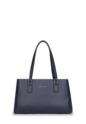 Donkerblauwe leren handtas met twee schouderbanden en gouden "pierre cardin" logo gecentreerd aan de voorkant.