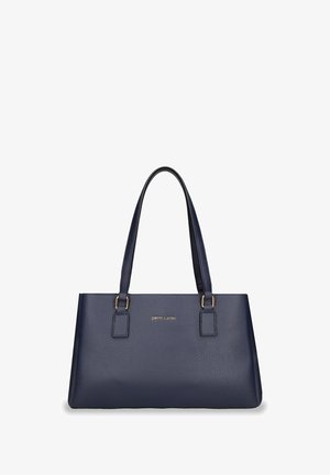 Donkerblauwe leren handtas met twee schouderbanden en gouden "pierre cardin" logo gecentreerd aan de voorkant.