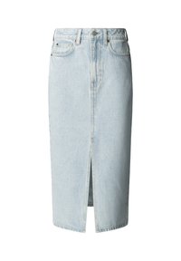 Gonna midi in denim azzurro chiaro con spacco frontale, passanti per cintura, chiusura con bottone e zip, tasche anteriori e posteriori.