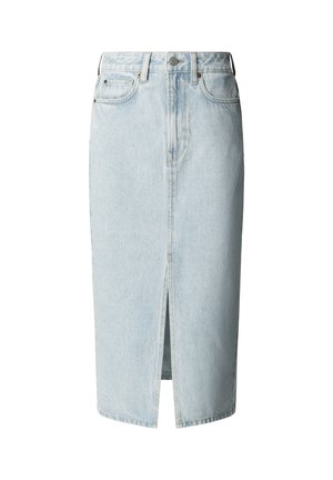 Svetlomodrá rifľová midi sukňa s predným rozparkom, pútkami na opasok, zapínaním na gombík a zips a prednými a zadnými vreckami.