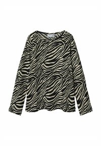 Camicia a manica lunga in crema e nera con motivo zebra, caratterizzata da scollo tondo e tessuto testurizzato con una vestibilità leggermente ampia.