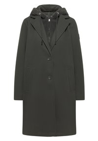 Lungo cappotto verde scuro con cappuccio, dotato di chiusura zip e due bottoni. Lo strato interno ha una texture morbida e corde regolabili.