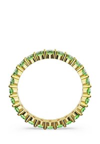 Gold ring with a continuous line of oval green gemstones set in prongs, featuring a smooth band and even spacing of stones.