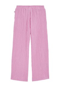 Svetlo roza široke hlače iz teksturirane tkanine s gubanjem. Elastičen pas za udobje in enostavno nošenje.